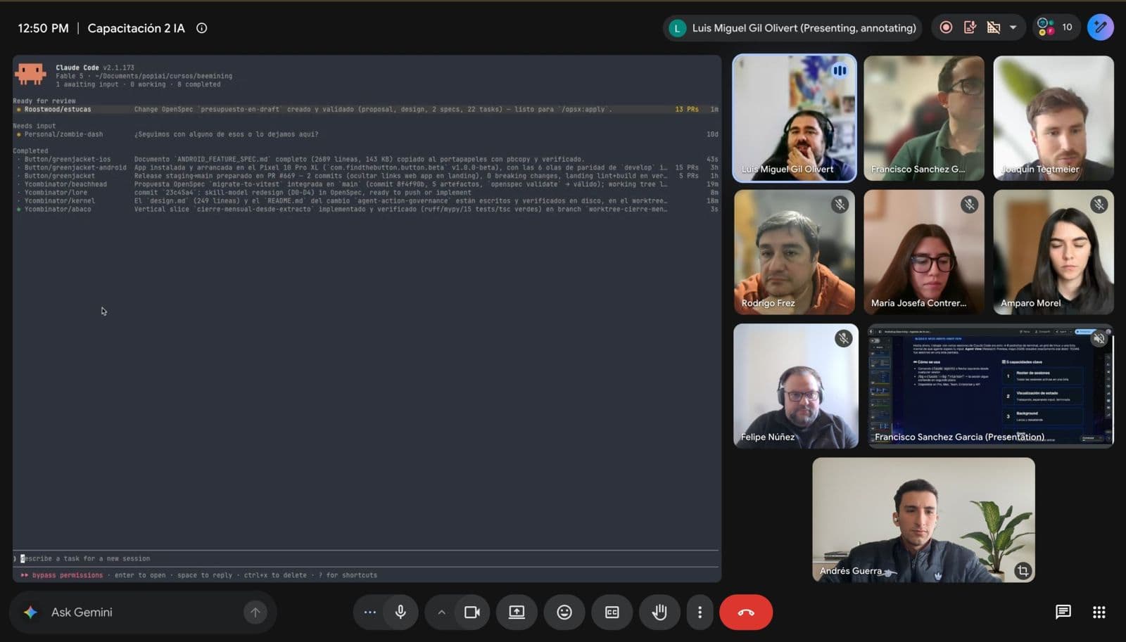 Sesión de formación en remoto con Beemining Chile por videollamada, con la terminal compartida y el grupo en pantalla
